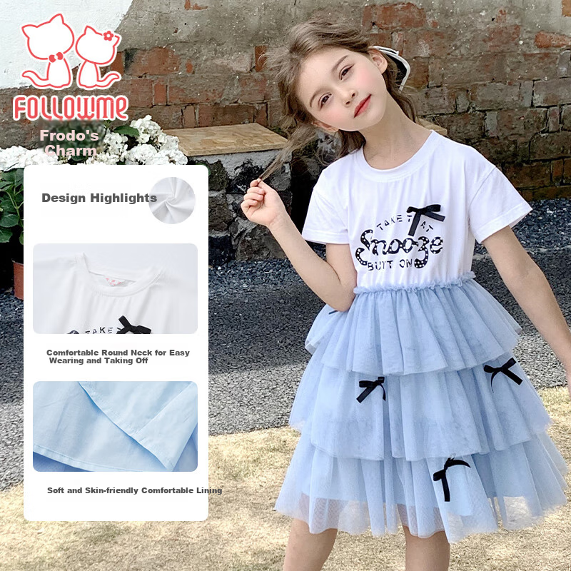 Follow Me Girls' Sweet Bow-Tie Patchwork T-Shirt Dress Children's Mesh Cake Skirt Summer White/blue 110