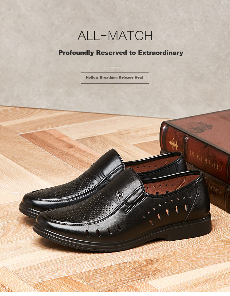 Kangnai Leather Shoes, Perforated Shoes for Men, Summer Sandals, Comfortable Casual Business Formal Shoes, Hollow-Out Shoes, Glossy Breathable Men's Shoes, Black, Size 41 1