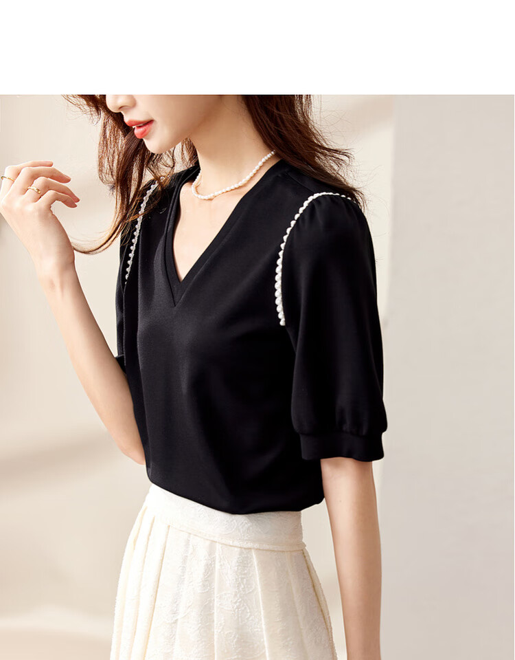 Sentubila Summer Short-Sleeve T-Shirt for Women, Romantic Lace Trim Puff Sleeves V-Neck Slimming Women's Top, Black, S 12