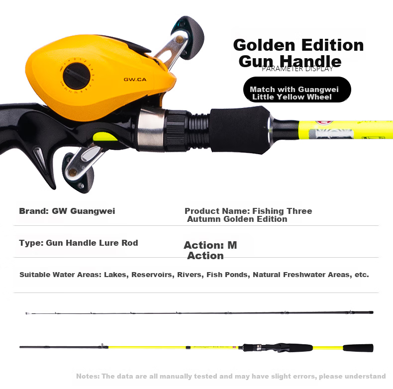 GWGW Fishing Rod 2.1m Autumn Gold Edition Gun Handle Right-Handed Baitcasting Reel Lure Rod Set M Action Super Hard Black Bass Lure Rod for Perch and Qiaozui Fishing Gear 3
