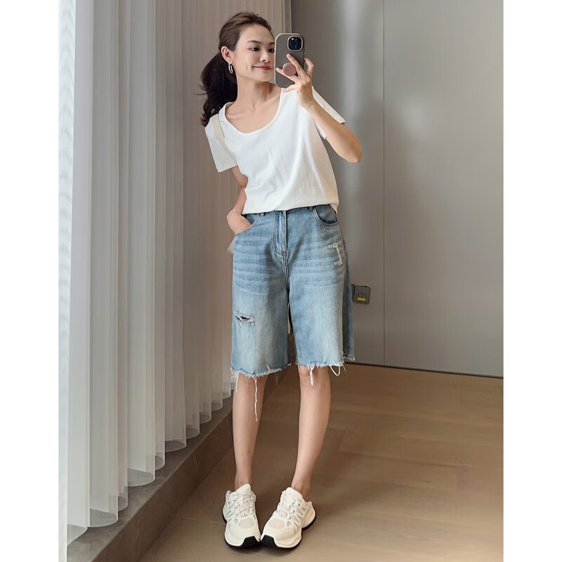 MEIYANG Cream Cotton T-Shirt, Patented Technology Simple White TU Collar Long White (Short Sleeve)