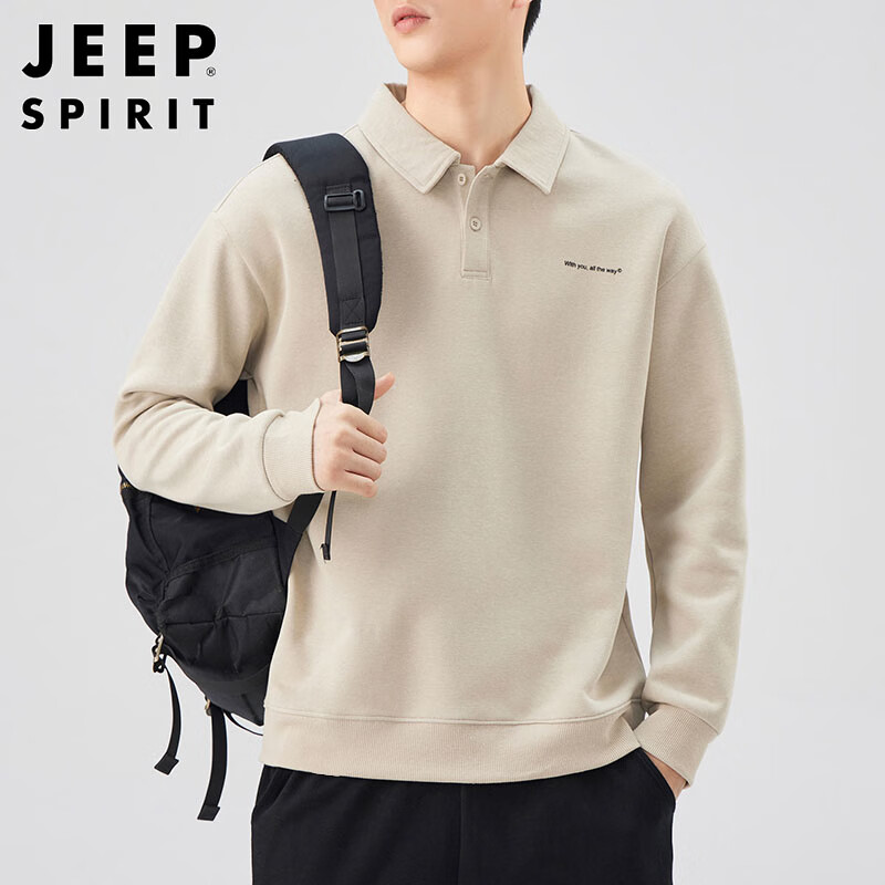 JEEP SPIRIT Polo Shirt for Men, Loose-Fitting Long-Sleeve T-Shirt with Collar, Spring Season Top, Apricot Color, Size 3XL