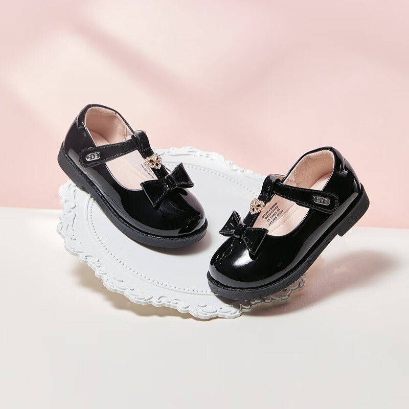 DAVE & BELLA Girls' Black Leather Shoes Autumn Children's Princess Shoes Anti-slip College Style Kids Shoes