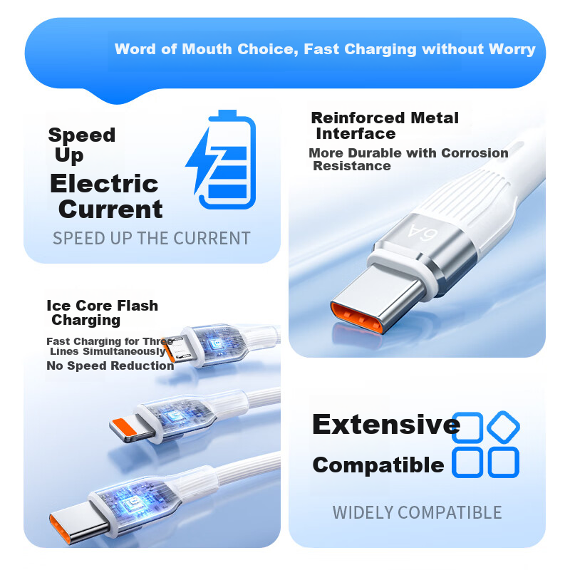AMKE Кабель для зарядки 3-в-1, 100 Вт, Type-C, Lightning, Micro-USB, белый, 2 метра