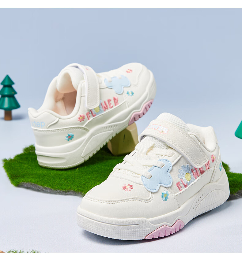 XTEP Kids Girls Flower Velcro Leather Panel Shoes Sail White/Peach Pink Size 28 10