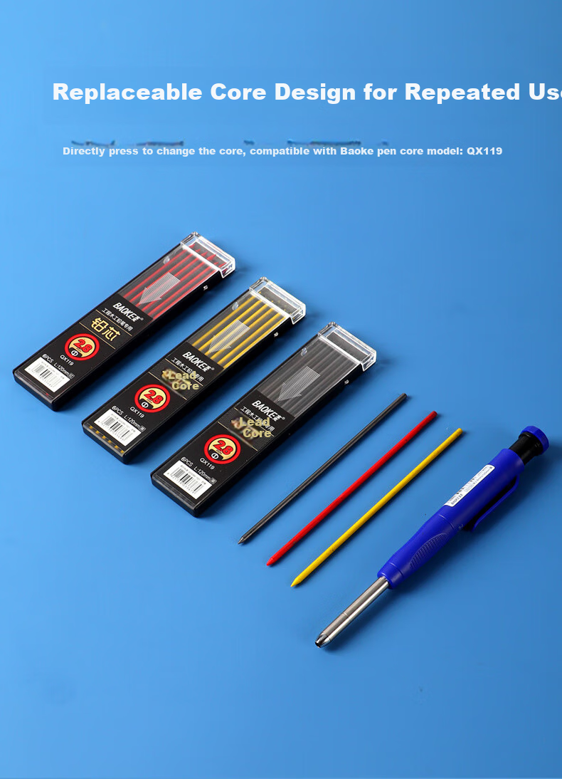 BAOKE QX119 Engineering Carpenter's Mechanical Pencil Lead Refills, 2.8mm, Red, 6 Pieces/pack, 6 Packs/box 5