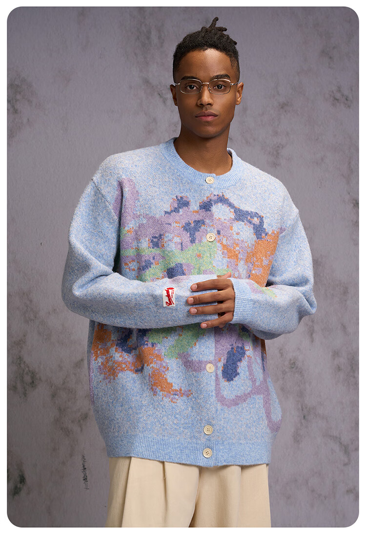 CANOTWAIT Crayon Pattern Jacquard Early Spring Sweater Cardigan Unisex Autumn Winter New Trendy Jacket Purple XXS 15