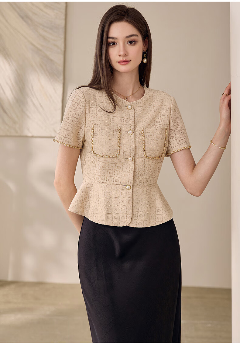 ROEYSHOUSE Lace Waist-Cinching Short Jacket for Women Summer Elegant Slim Ruffle Hem Top 11908 Apricot M 10