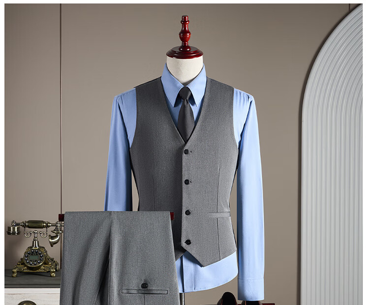 ROMON Men's Business Suit Set [Blazer + Vest + Trousers] Dark Gray 2XL 25