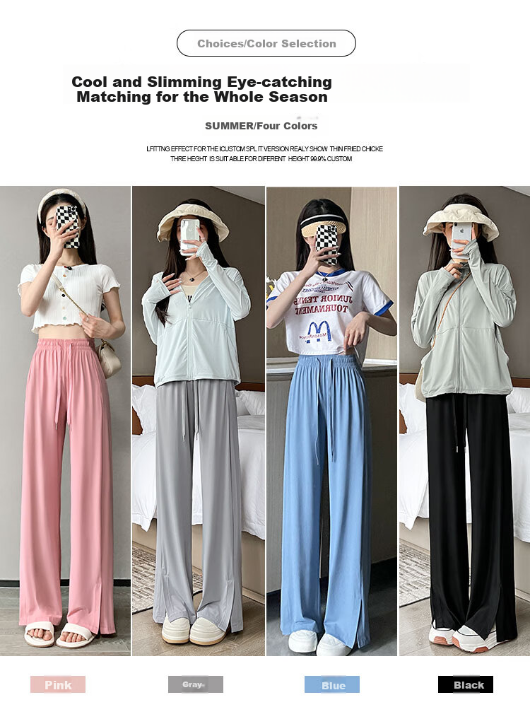 LangSha Ice Silk Wide-Leg Pants for Women, Summer Lightweight High-Waist Draping Loose Casual Straight-Leg Slimming Side-Slit Sports Sun Protection Women's Trousers 10