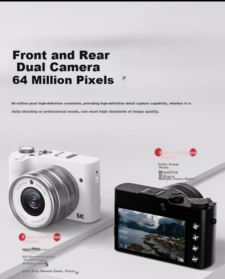 SONGDIAN Digital Camera with Dual Front And Rear Sensors, 8X Optical Zoom, F/1.8 Large Aperture, High-Definition Mirrorless Vlog Camera, DC209x Official Standard Configuration, 256GB Memory, White 9