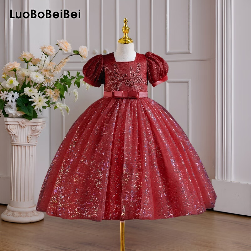 LUOBOBEIBEI 2026 Girls' Blue Long Dress, Children's Princess Dress for Weddings And Performances, Red, Size 110