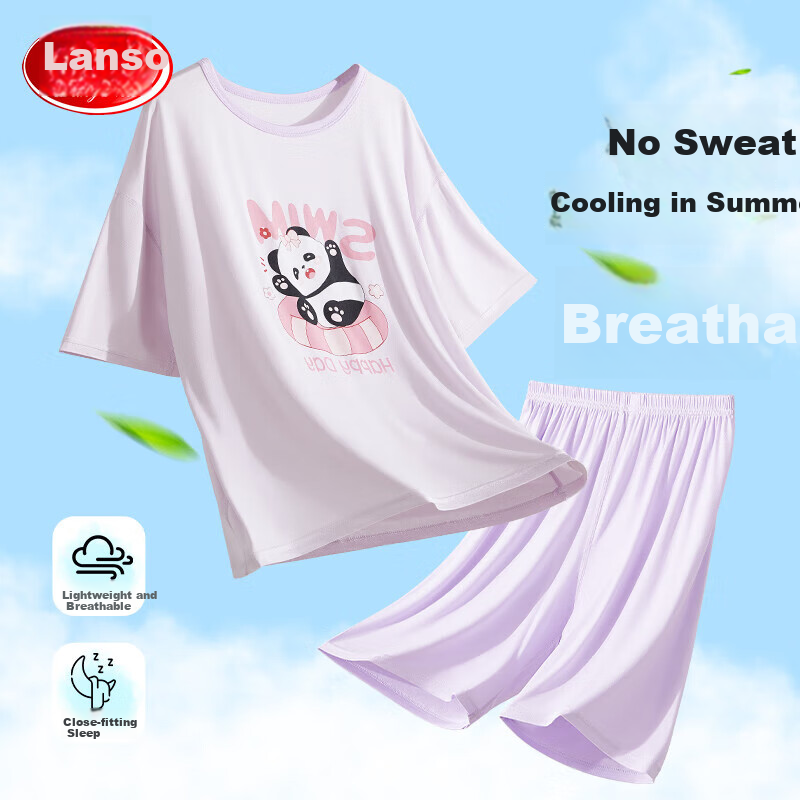 LangSha Children's Loungewear, Girls' Summer Thin Comfortable Short-Sleeve Set, for Middle And High School Students, Air Conditioning Wear Pajamas, Purple, Size 160