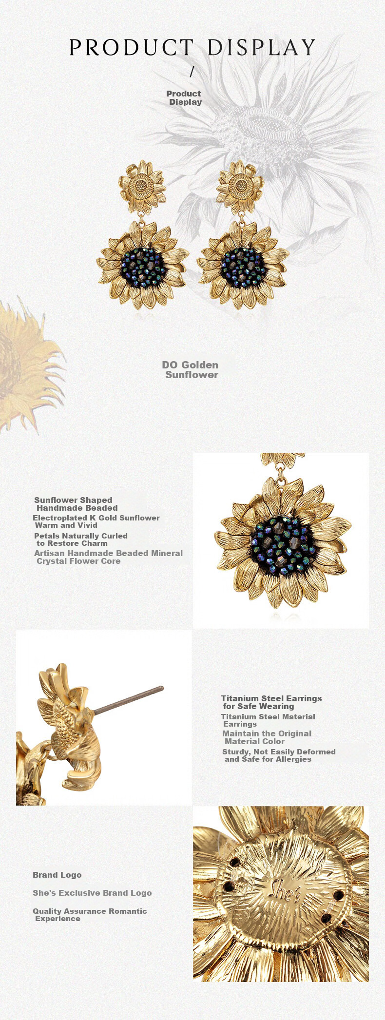 She's Van Gogh Sunflower Faux Crystal Vintage Stud Earrings, Luxurious Ear Jewelry, Birthday Gift for Girlfriend 2