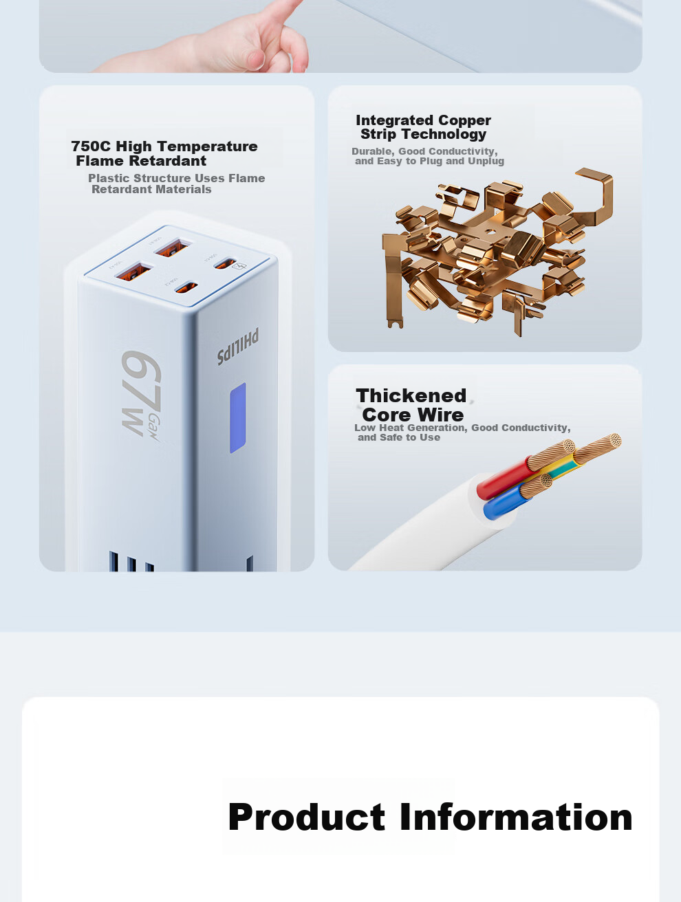 PHILIPS GaN Desktop Charging Station Power Strip 67W Charger Laptop Multi-Functional USB Extension Cord Portable Power Board Small Electric Compartment Safe Fast Charge 2C2A+3 Outlets White 14