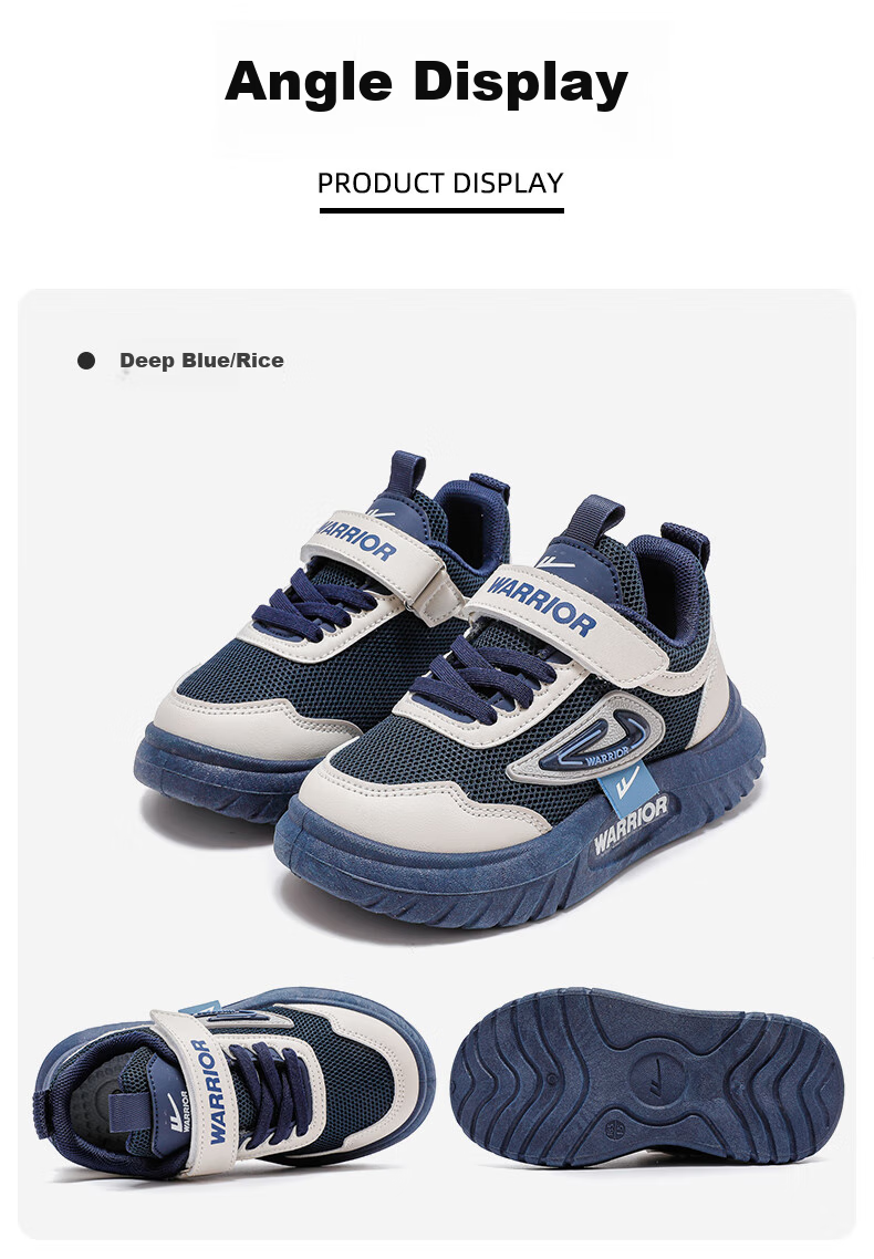 Warrior Children's Shoes, Boys' Spring And Autumn Style, Mesh Breathable Soft-Soled Kids' Sneakers WZ(CL)-0926, Navy Blue/beige, Size 35 12