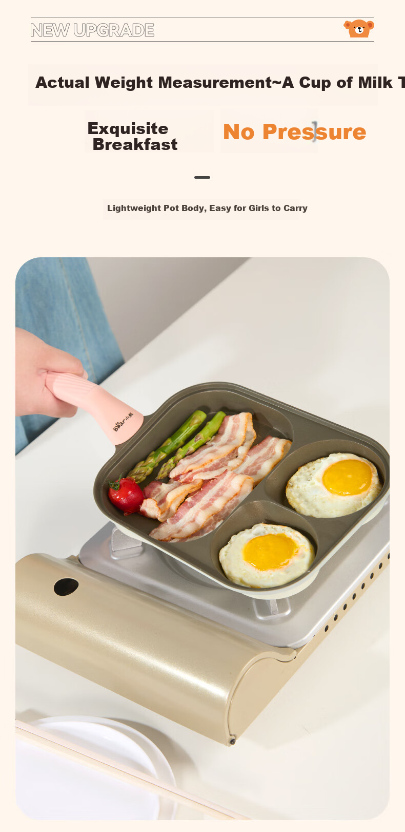 Bear Non-Stick Frying Pan with Three Holes for Breakfast, Titanium-Infused Multifunctional Pan for Scrambled Eggs, Teriyaki Chicken, And Burgers, Compatible with All Stoves, 23cm 12