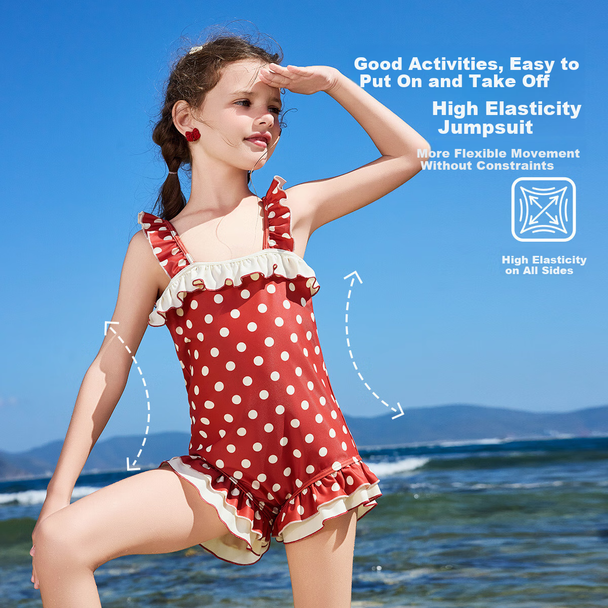 ASK JUNIOR Children's Sun Protection Swimsuit with Swim Cap, Summer One-Piece Swimsuit for Older Girls, Hong Kong Style, Youth Beach Vacation Style