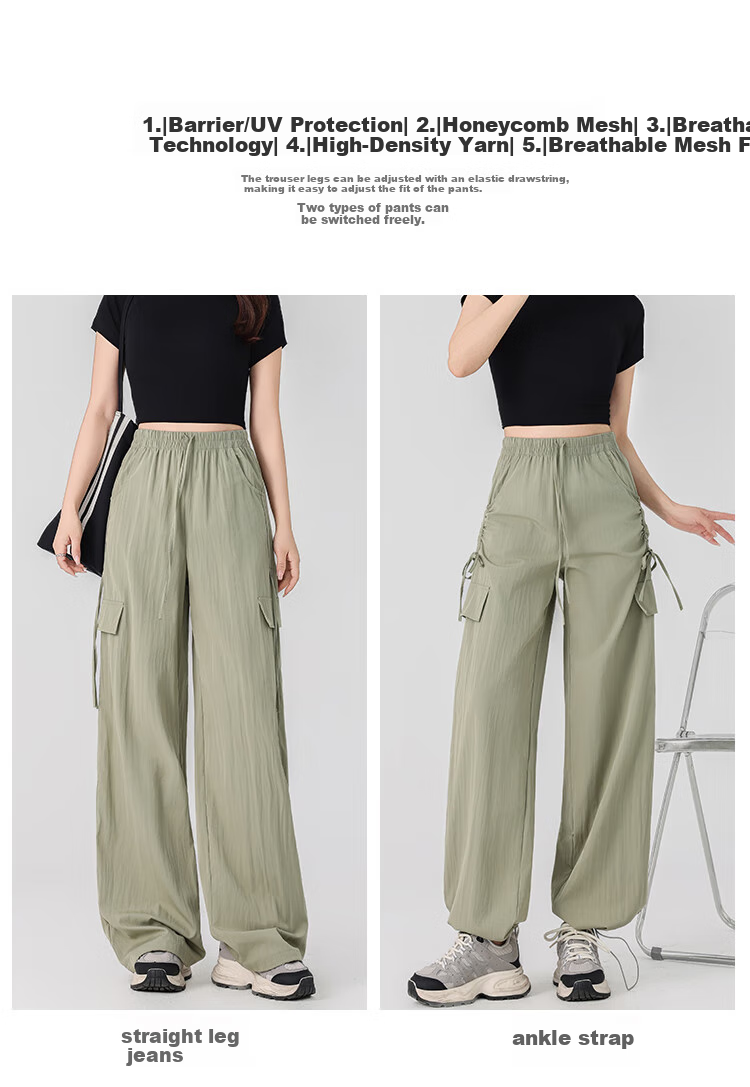Free Style Women's High Waist Draped Wide Leg Cargo Pants 2026 Summer New Ice Silk Cool Casual Sports Paratrooper Tactical Pants 9