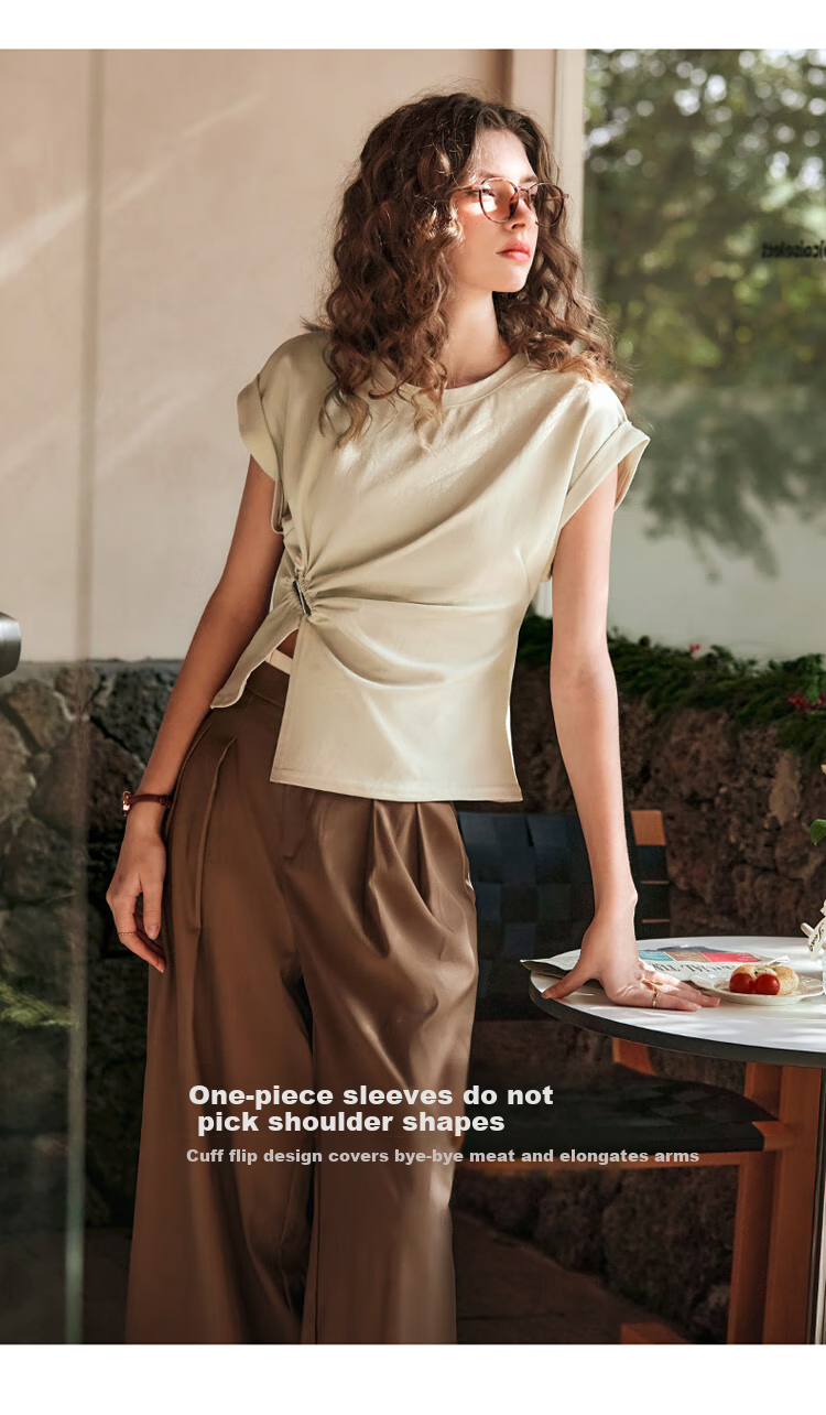 Olrain Irregular Pleated Waist-Tied T-Shirt Women's Summer Stylish Short Sleeve Top Milk Tea Color M 19
