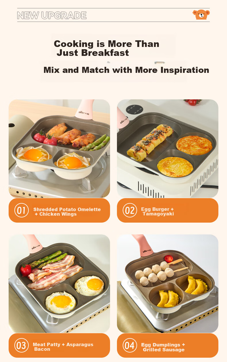 Bear Non-Stick Frying Pan with Three Holes for Breakfast, Titanium-Infused Multifunctional Pan for Scrambled Eggs, Teriyaki Chicken, And Burgers, Compatible with All Stoves, 23cm 9