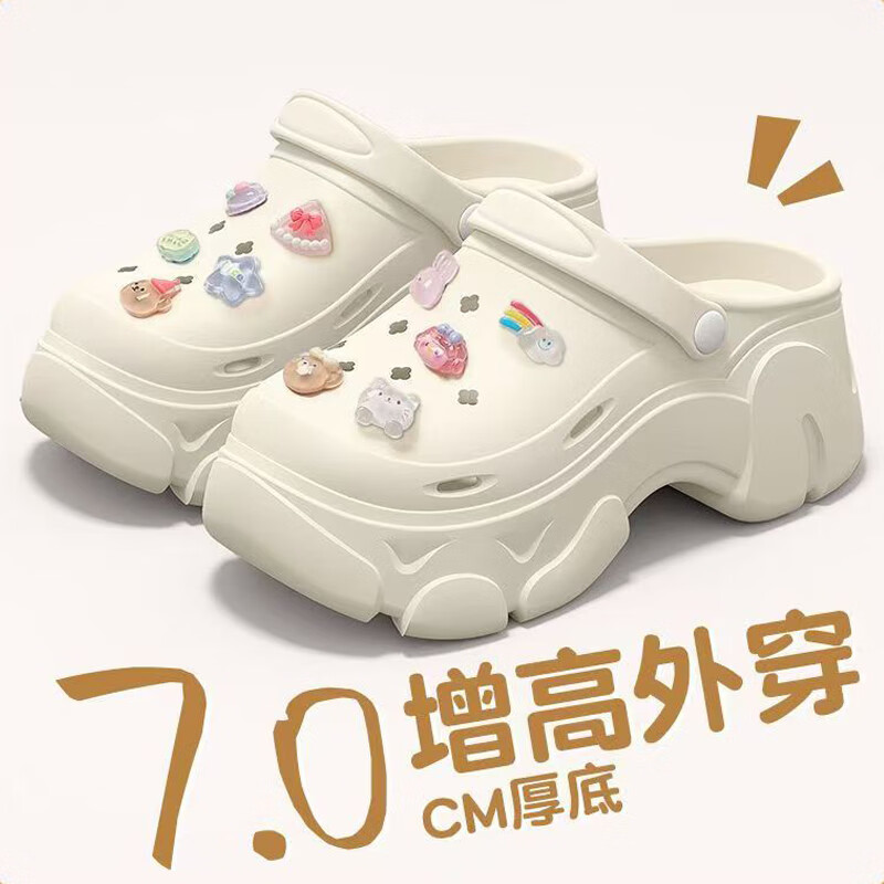 Qisefang Women's Perforated Beach Sandals with Thick Soles, Heightening Heels, Slimming Effect, Outdoor Wear, Non-Slip Slippers, White, Size 40-41 3