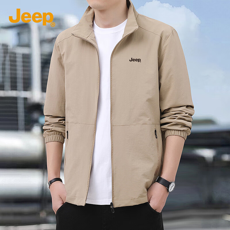 JEEP Men's Jacket, Spring And Autumn Baseball Jacket, Loose Stand-Collar Coat for Men, Sportswear, Men's Size 152-1, Khaki Color, Size L