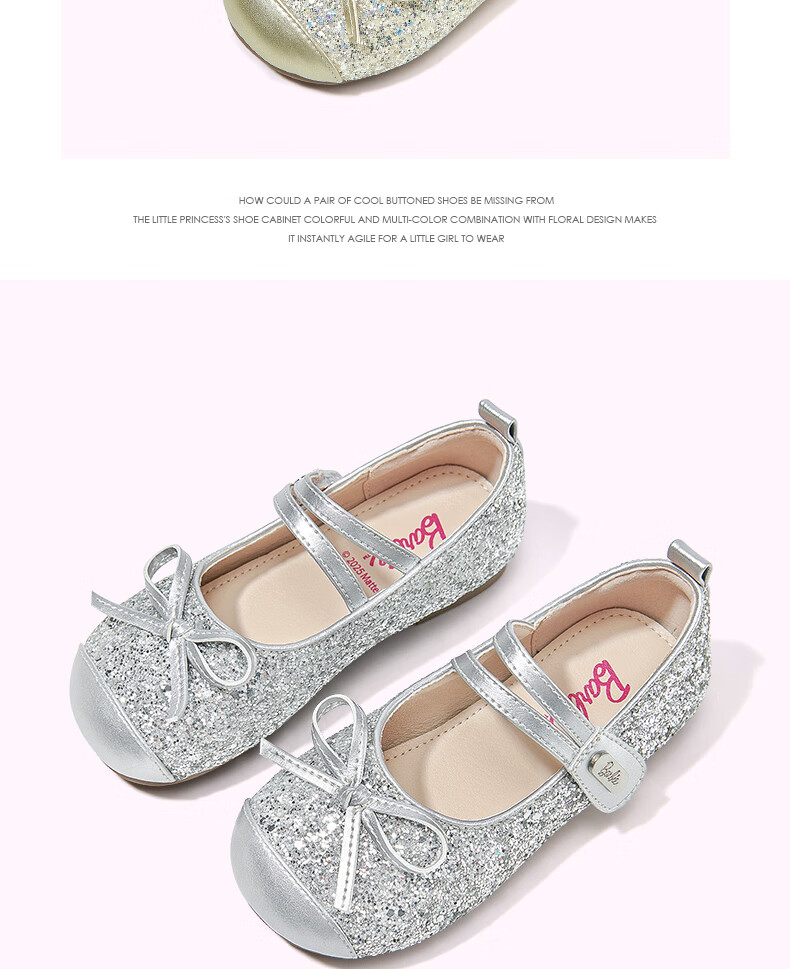 Barbie Girls' Spring Fashion Leather Shoes, Baby Girl New Crystal Shoes, Soft-Soled Flats, Spring DA6760, Silver, Size 35 7