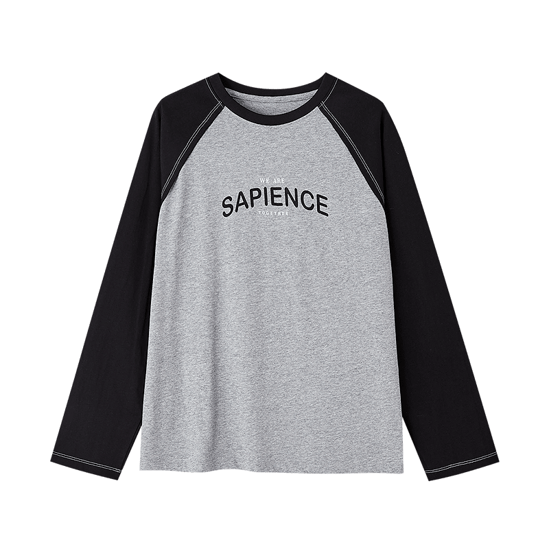 Demna【Light Enjoy Pure Cotton】Autumn American Leisure Splicing Round Neck Letter Print Elasticity Slimming Temperament Women's T-shirt