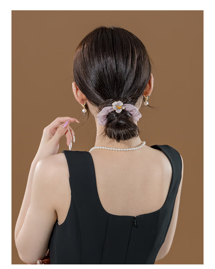 CHIMERA Purple Rhinestone Flower Hair Tie, Silk Ribbon Fairy Hair Band, Ponytail Hair Elastic, Mid-Autumn Festival Gift for Wome 1