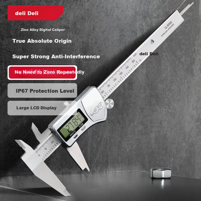 Deli Zinc Alloy Professional Digital Caliper with Stainless Steel Waterproof High Precision Vernier Laboratory Absolute Origin + IP67