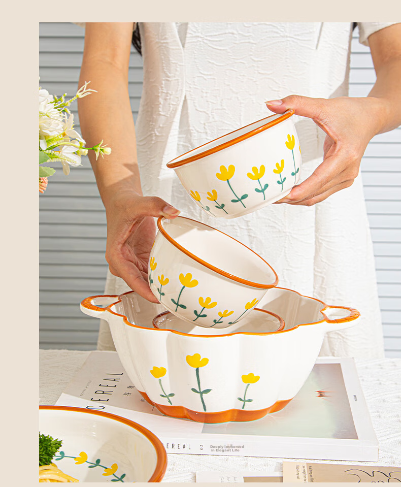 CERAMICS Underglaze Ceramic Bowl And Plate Set, Simple Home Dining Tableware Set, Mountain Chrysanthemum Pattern, 13-Piece Gift Box Set for Mid-Autumn Festival 10