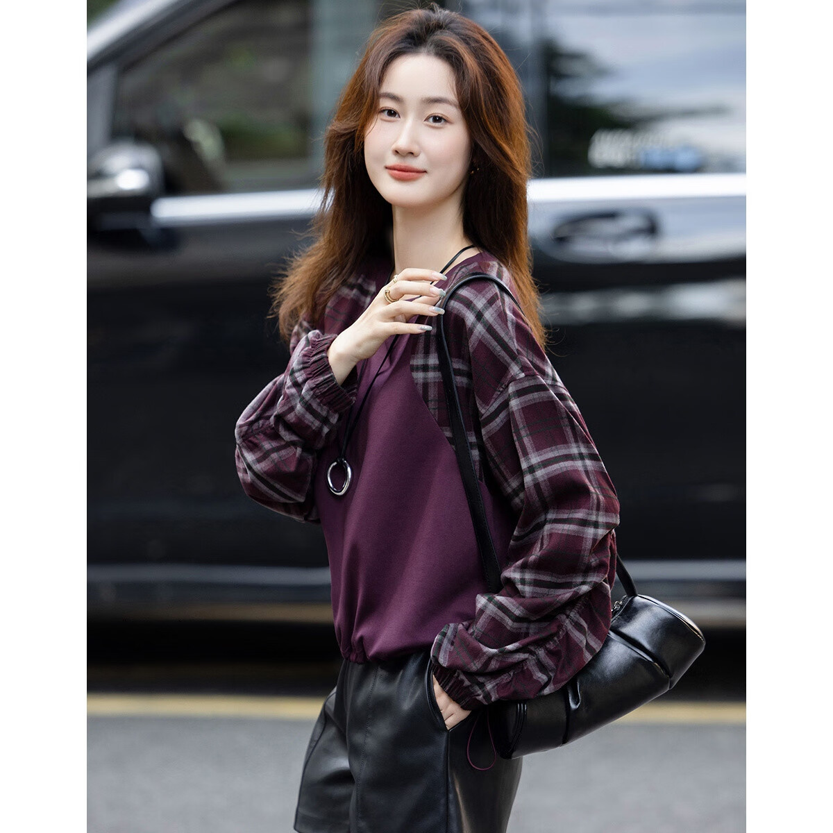 Demana [Comfort Elastic 280G Air Layer] Autumn Korean Style Vintage Plaid Patchwork Elastic Hem Sweatshirt for Women