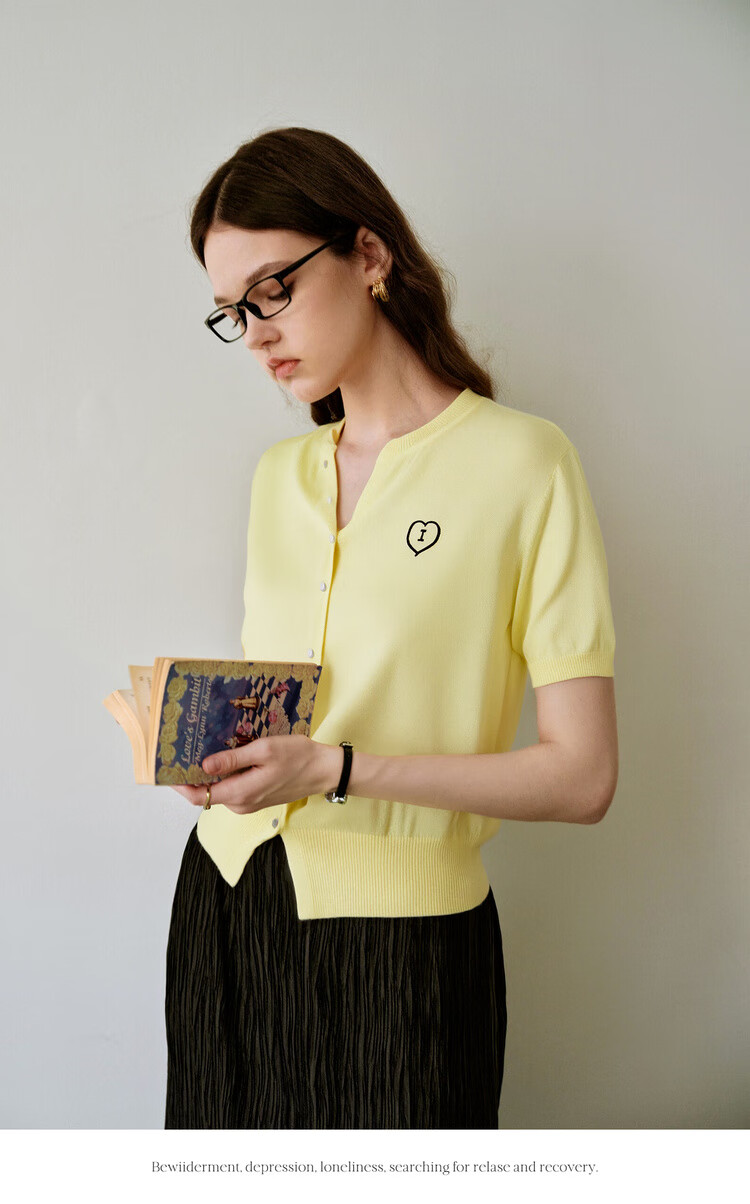 Olrain Heart Embroidered Knit Cardigan Women's Summer V-Neck Short Sleeve Top Yellow XL 12
