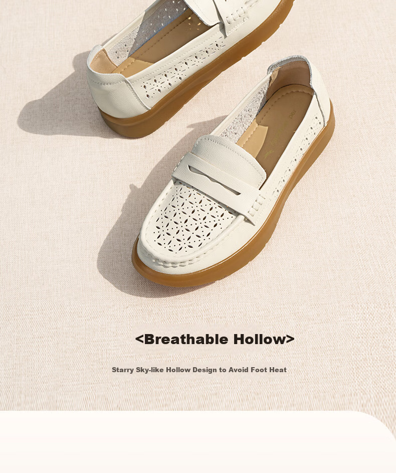RED DRAGONFLY Women's Flats for Spring And Summer, Hollow-Out Shallow Mouth Flats, Soft-Soled Genuine Leather Shoes for Middle-Aged And Elderly Women WTB15149 Apricot Color Size 37 3