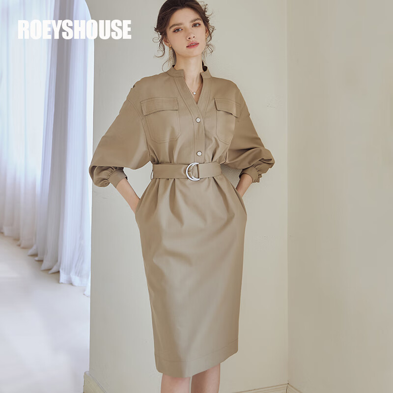 ROEYSHOUSE Waist-Cinching Commuter Dress, 2026 Autumn Collection, Elegant Tie-Waist Midi Skirt 07245, Khaki Green, Size S