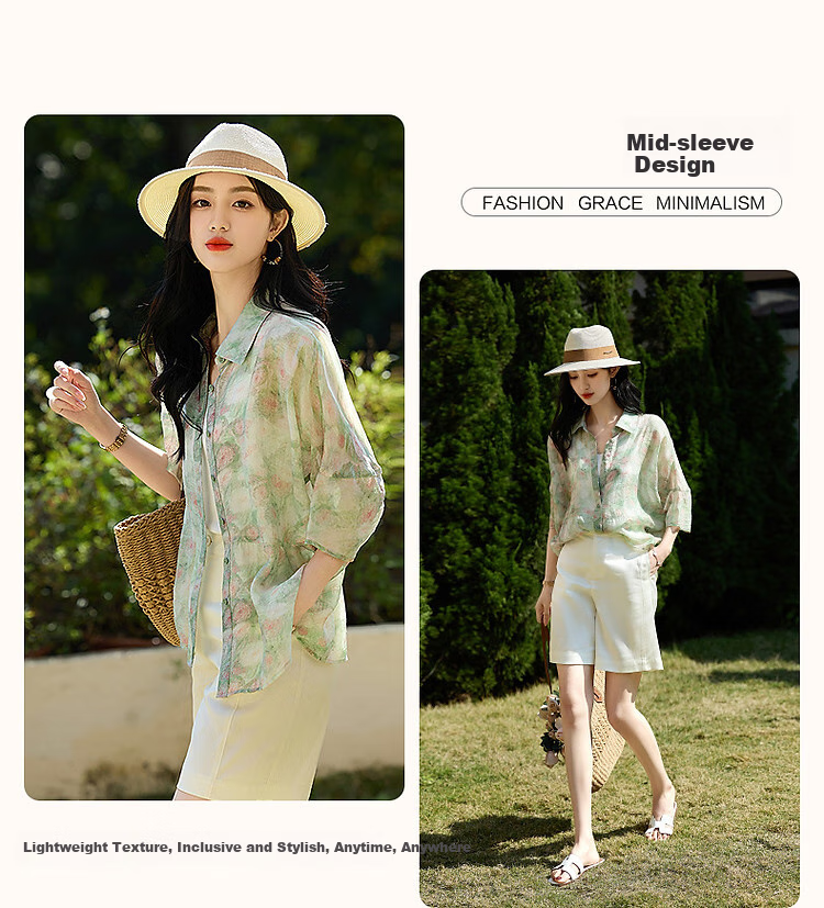 Dme [Bolimamanbo] Summer Flowy Cloud Brocade Thick-Printed Shirt, Stylish Divided Mid-Sleeve Blouse, Women's Top 5