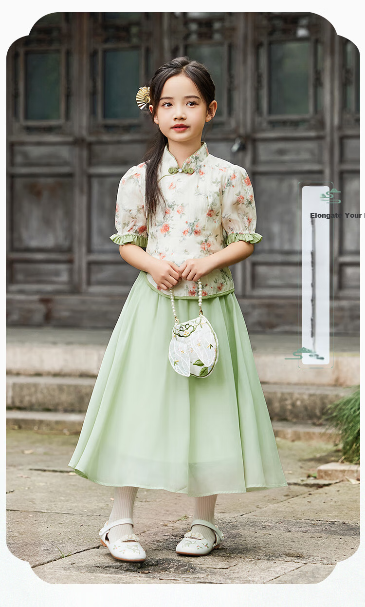 YEEHOO Children's Hanfu Girls' New Chinese-Style Blouse, Big Kids' Short-Sleeve Improved National Style Frog Button Top, Orange, Size 165 2