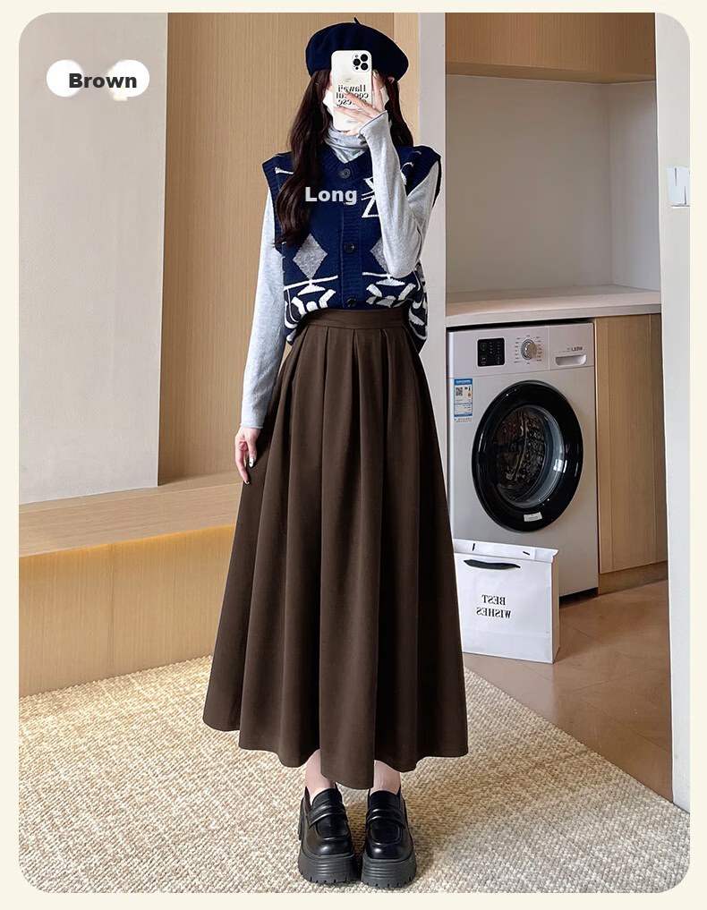 LangSha Women's Woolen Feel Skirt 2026 Spring Autumn High Waist Loose Slim A-Line Mid-Length Skirt 20