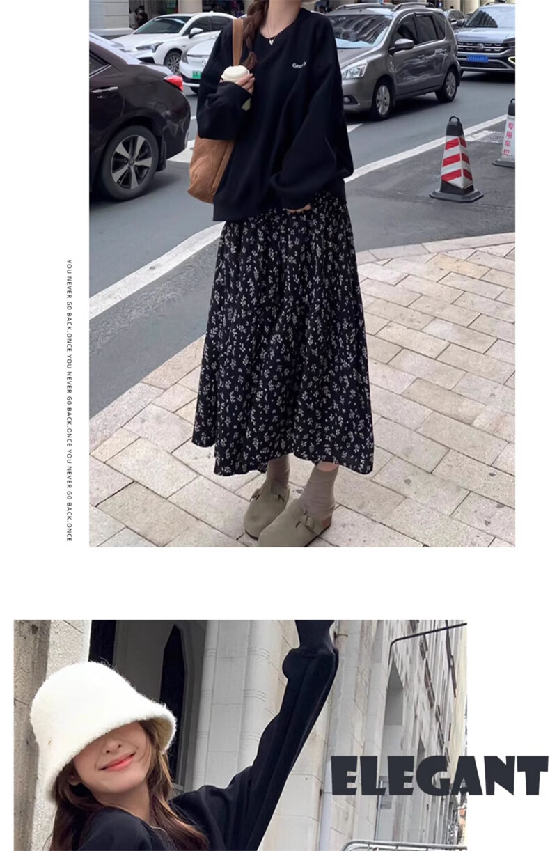 LangSha French Style Black Floral Print High-Waist A-Line Midi Skirt for Women Autumn 2025 New Slimming Hip-Covering Versatile Skirt 5
