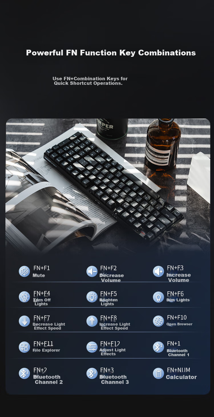 CHERRY K37 Thin Film Keyboard, 98 Keys, Wireless Gaming Keyboard, Office Computer Keyboard with Bluetooth Tri-Mode, RGB Lighting Effects, Compatible with WIN/MAC, Submarine Black 9