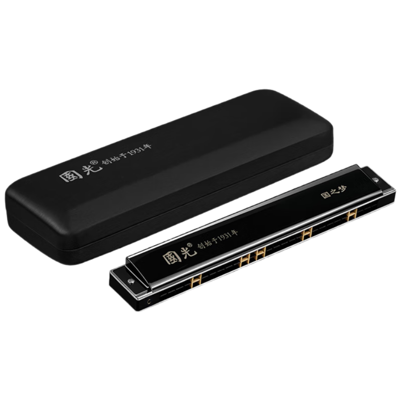 Guoguang 28-Hole National Dream Imported Harmonica, Competition-Grade Heavy Tone C Key Harmonica (Athens Black/With Instruction Manual)