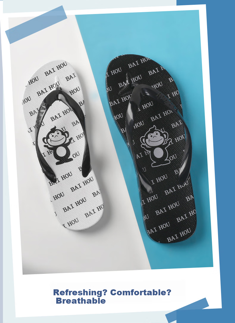 BAIHOU Men's Flip-Flops, All-Season Outdoor Cartoon Black And White Printed Beach Sandals, R-17 Black Size 38-39 5