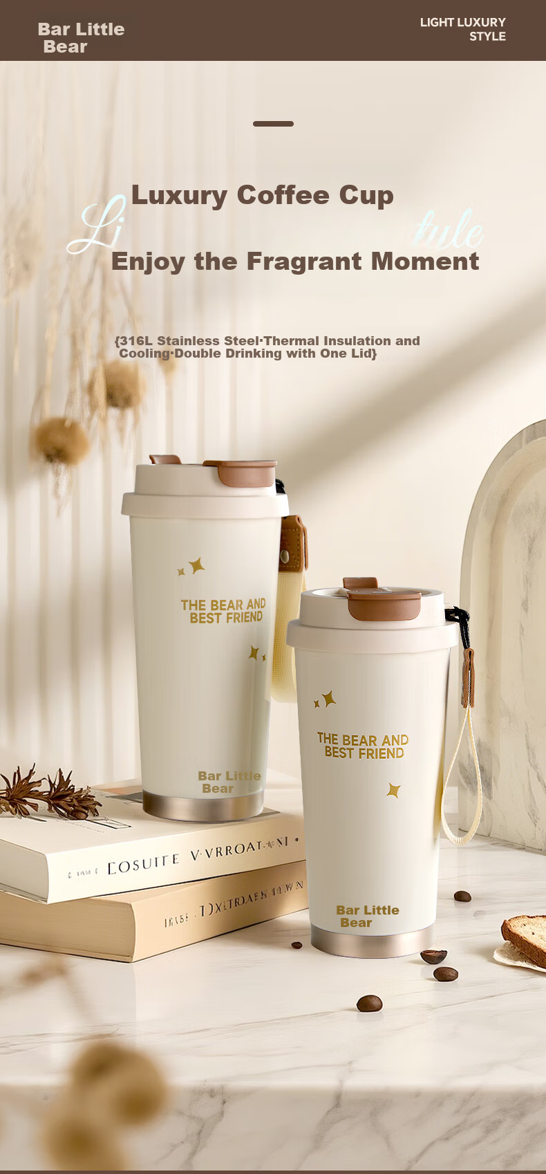 Bear Insulated Mug Coffee Cup 316L Stainless Steel Dual-Use High-End Water Bottle for Men And Women Silver 350ml Gift 1