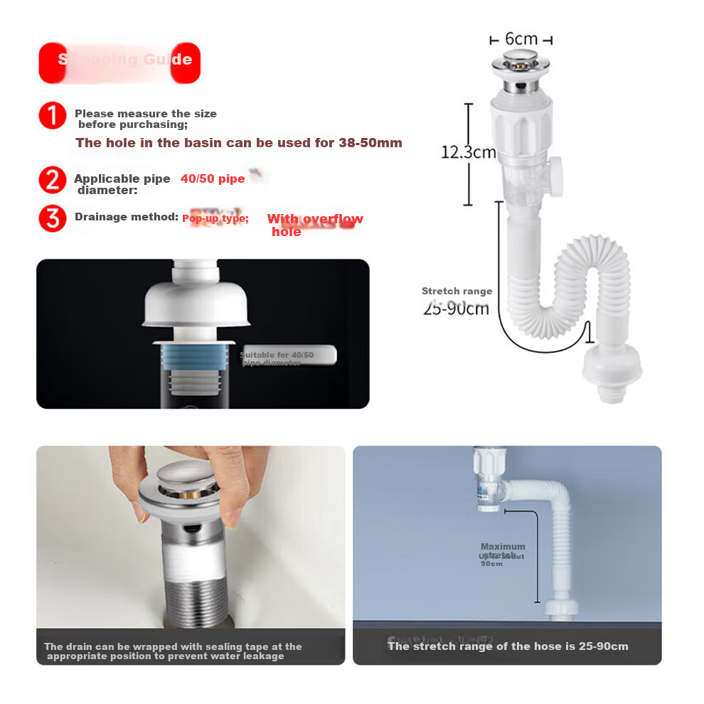 Submarine SQ-26 Basin Drain Pipe Set, Flip-Top Drainage, Anti-Odor Drainage, Side Drainage, Straight Drainage, Dual-Use Installatio 2