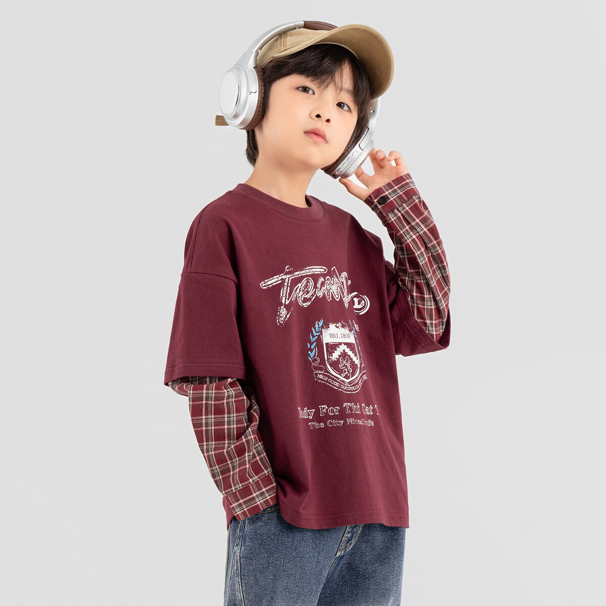 Duoduojia Boys' Sweatshirt, Spring And Autumn Style, Patchwork Long Sleeves, Plaid Retro Print, Children's Faux Two-Piece, Korean-Style Academic Style Top