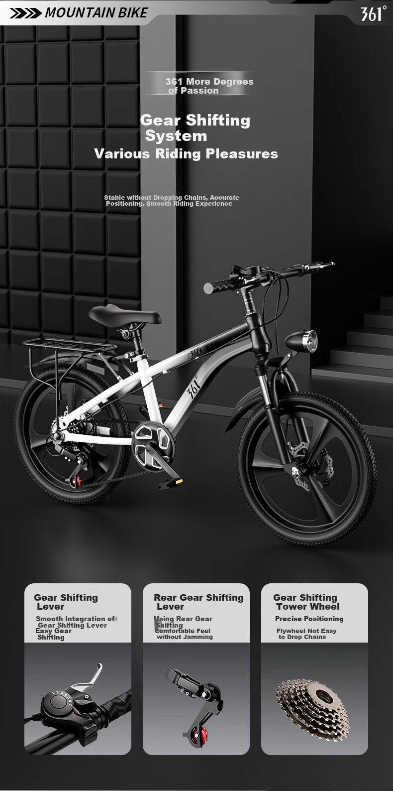 361° Youth Bicycle for Ages 7-12 with Disc Brakes, Shock Absorption, Student Pedal Mountain Bike, Variable Speed, 20-Inch, Black 7