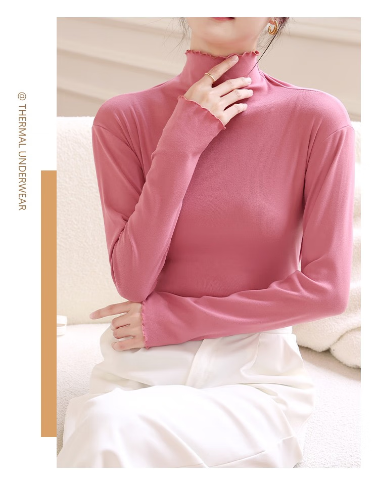 LangSha Women's Base Layer, Semi-Turtleneck Style, Basic Undershirt, Ladies' Long-Sleeve Ruffle Collar, Slim-Fit High-Elastic Top 7