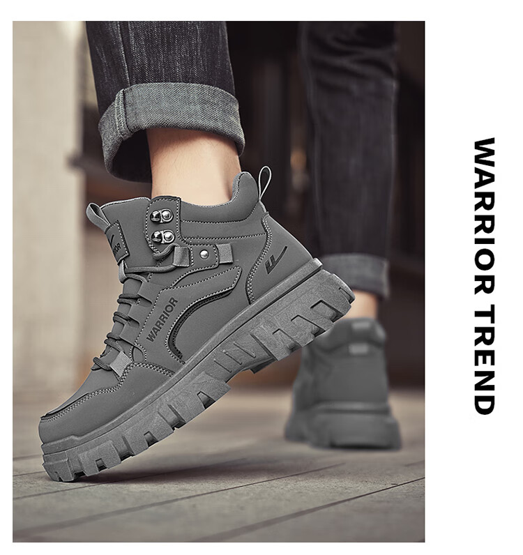 Warrior Martin Boots Men's Autumn Winter New Casual Thick Sole High Top Work Shoes Black Gray 41 10