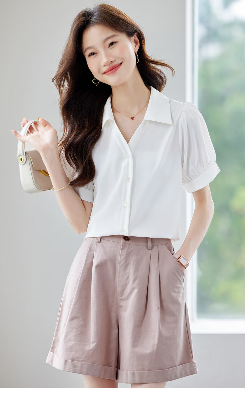 JEANSWEST Women's Shirt Summer Short Sleeve Puff Sleeve Professional Formal Cardigan Top White XL 9